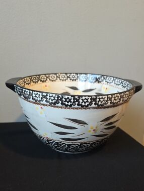 Temp-Tations White Ceramic Serving Bowl with Black Floral Motif and Yellow Dots